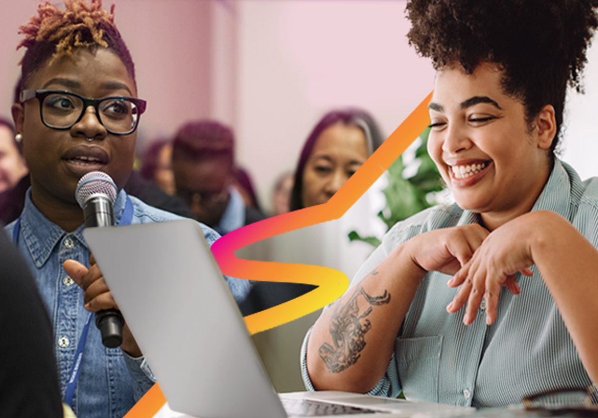 Composite photo. Panel 1: person in audience with mic. Panel 2: Person smiling and looking at computer that overlaps with panel 1.