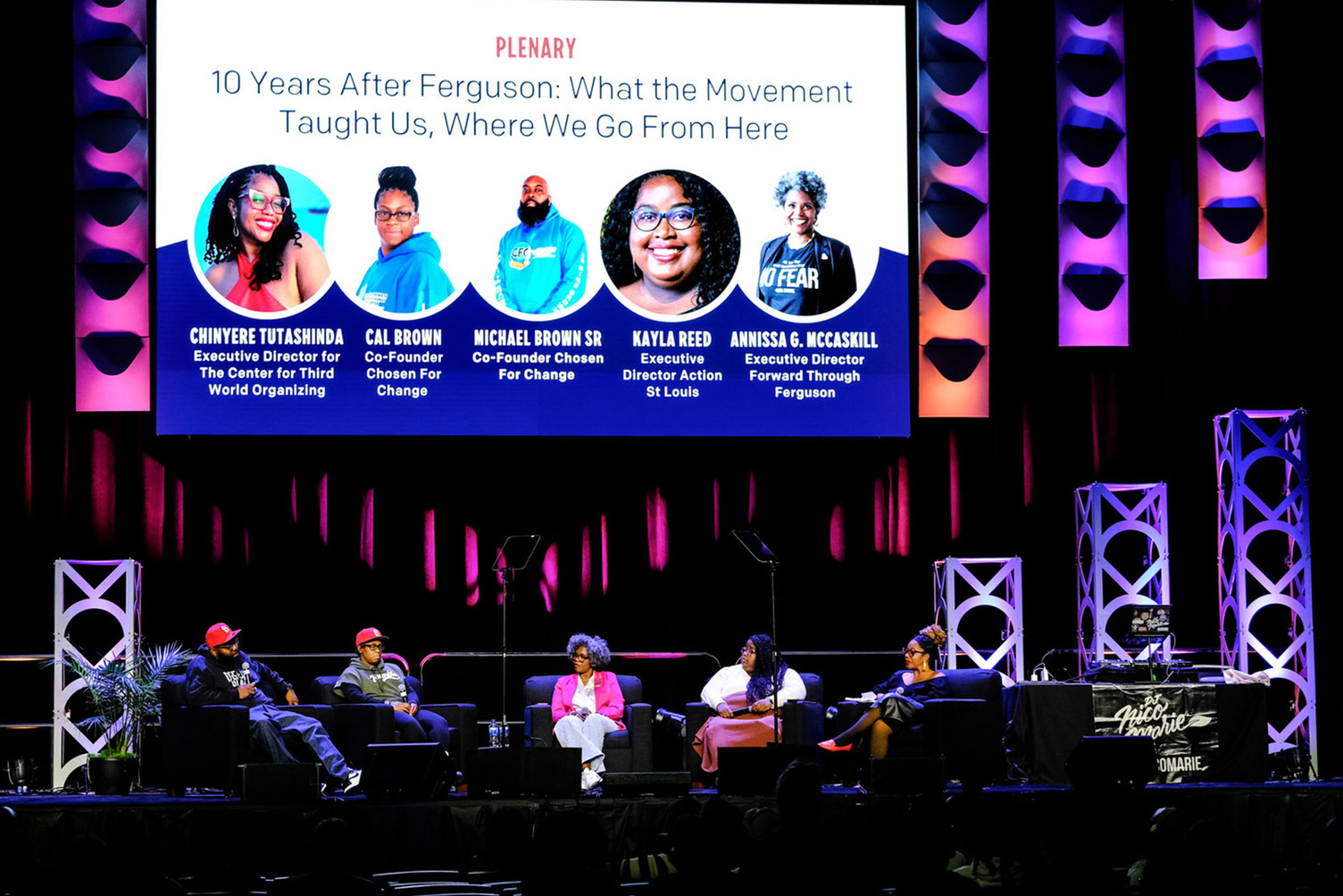 Chinyere Tutsashinda, Cal Brown, Michael Brown Sr., Kayla Reed, and Annissa G. McCaskill speaking on the main stage.