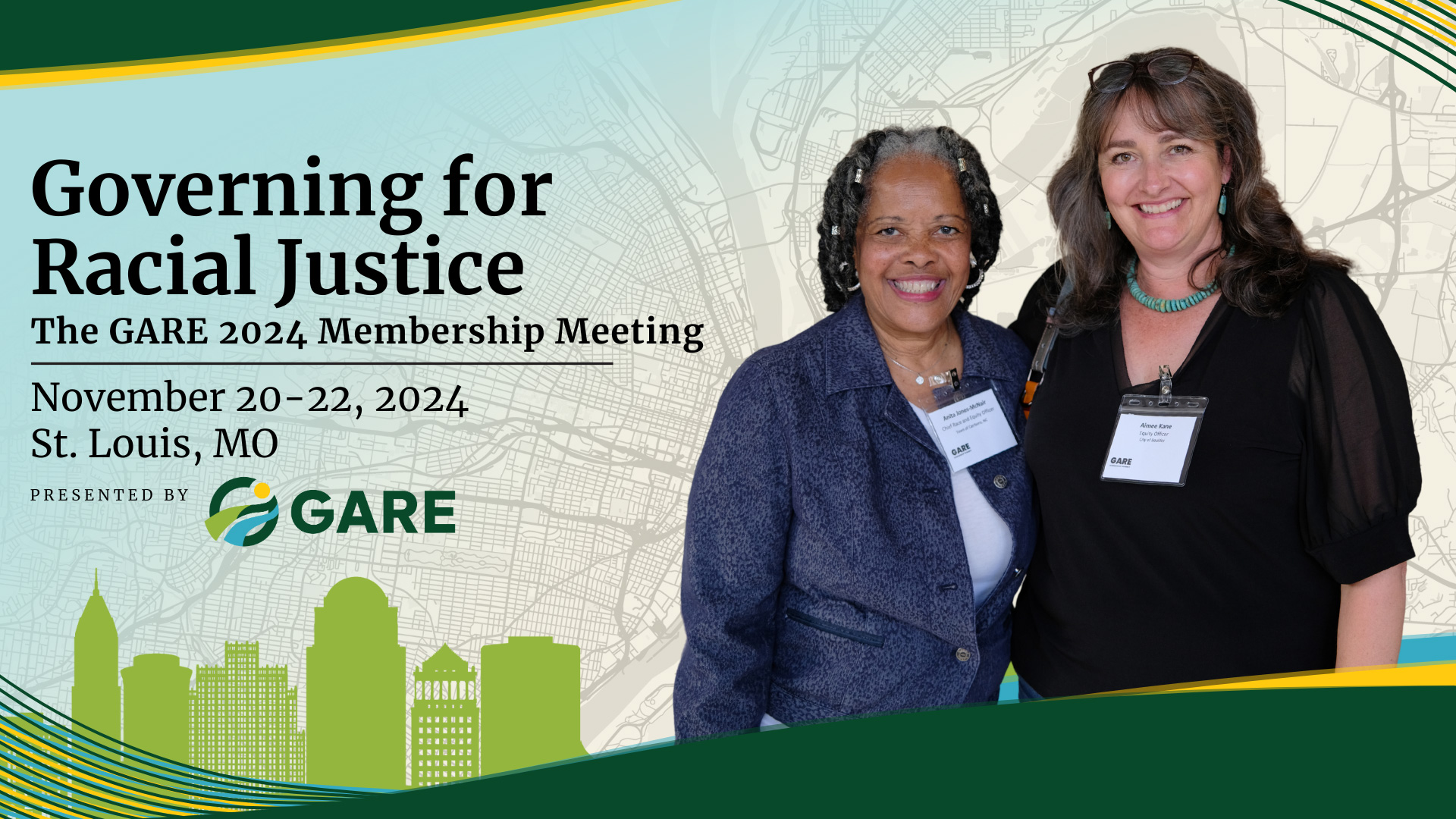 Governing for Racial Justice: The GARE 2024 Membership Meeting. Two people smiling and looking toward camera in a green, drawn, cityscape.