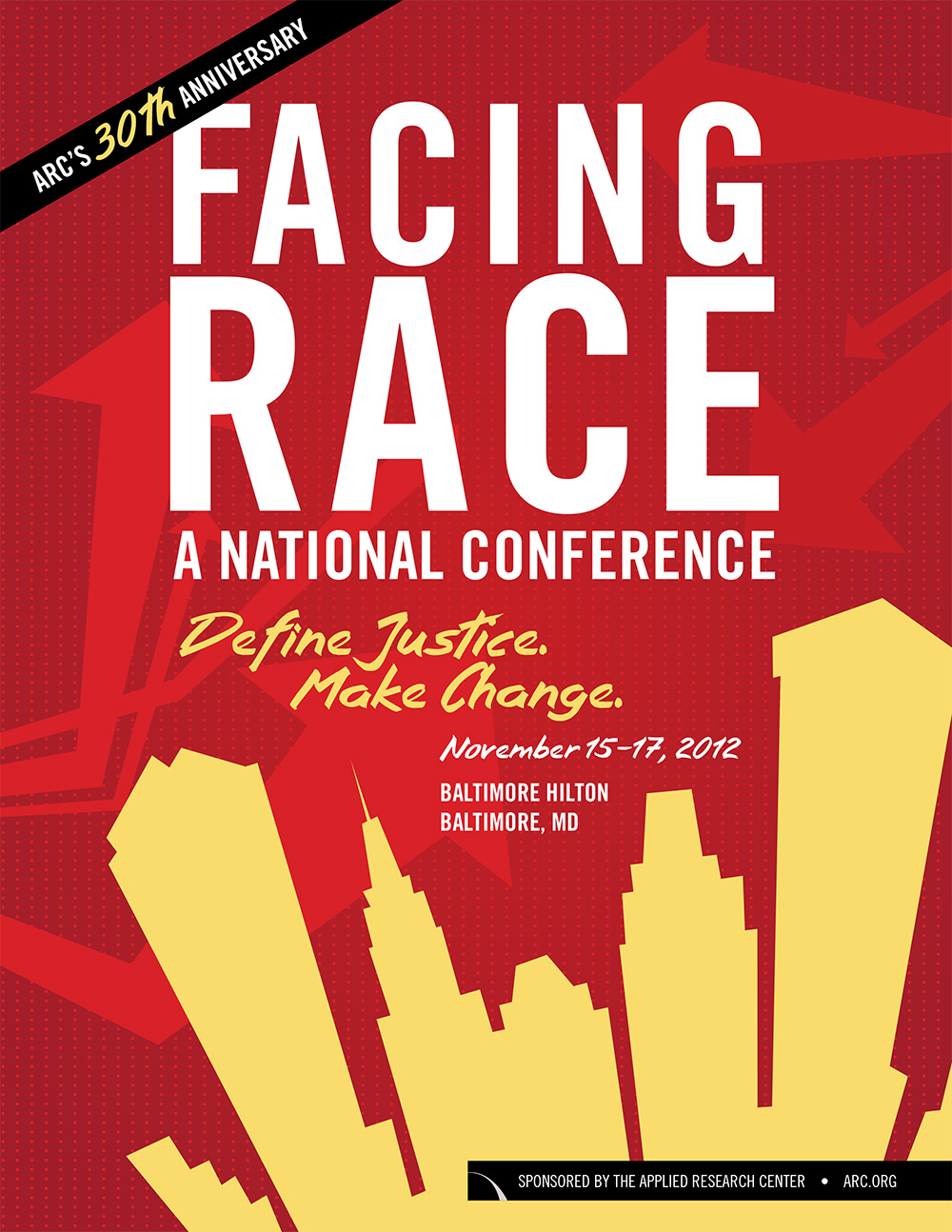 Red program cover with yellow building outlines with tagline “Define Justice. Make Change.”