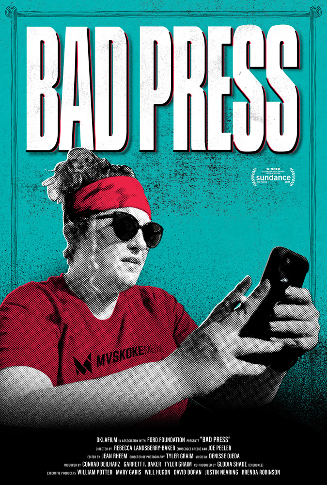 Poster for Bad Press. A person in red holding a cigarette and looking at a phone.