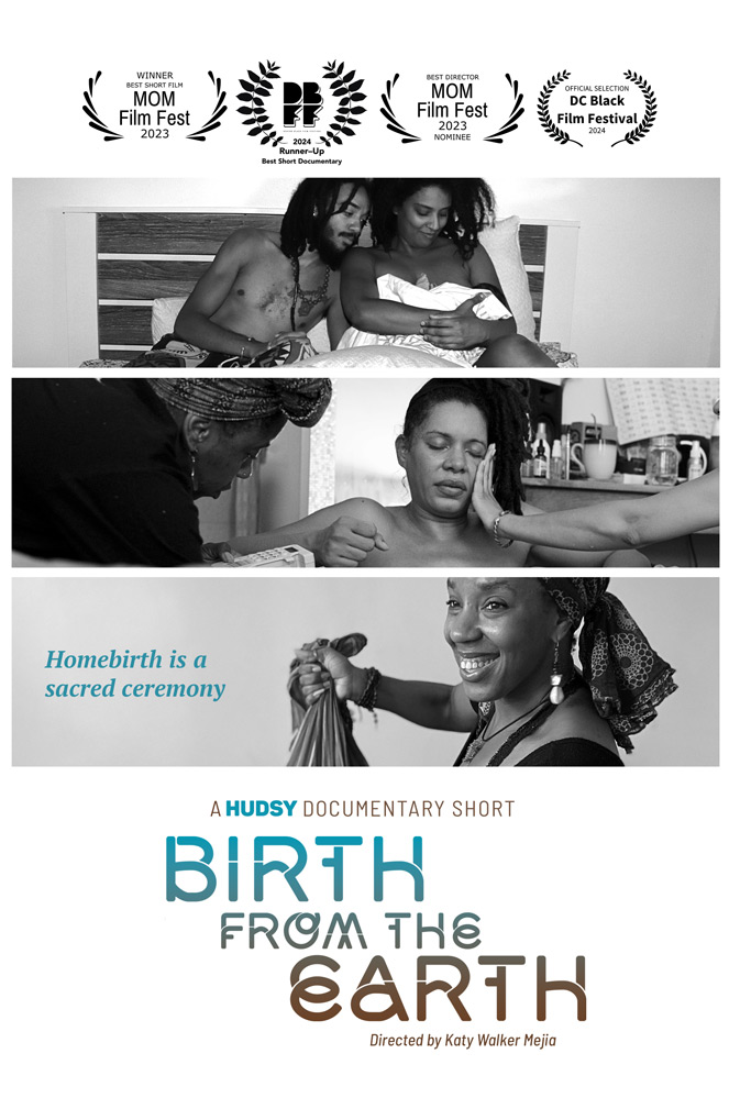 Post of Birth from the Earth. Three scenes: A couple holding a baby, a person preparing for birth, a person smiling.