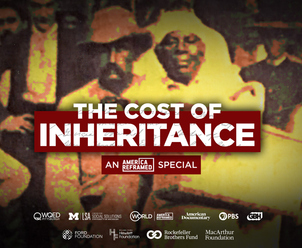 Poster for The Cost of Inheritance. Background of old sepia toned image with a few people looking towards the camera.