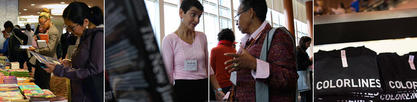 Browsing vendor tables, talking to vendors, Colorlines t-shirts.