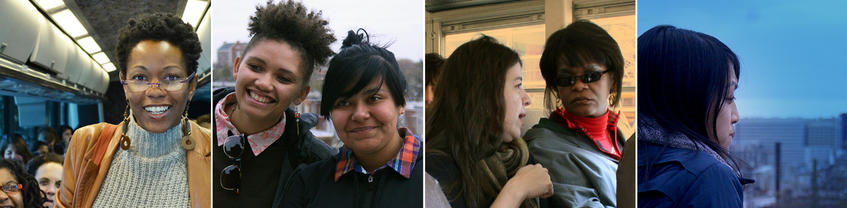 Collage of four photos: Person wearing glasses standing in bus. Two people smiling outside in front of houses on a hill. Two people talking while seated on a bus. Person viewed from slightly behind over shoulder, looking out over city.