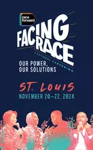 Facing Race. Our Power, Our Solutions. Pink monochromatic photos of individuals speaking overlaied with pink floral and green plant matter.