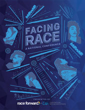 Facing Race logo with stylized portraits of people with interconnecting stylized lines in shades of blue.