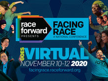 Facing Race logo with "Goes Virtual" tagline on dark blue background with concentric hexagonal designs with people with raised hands along the sides.