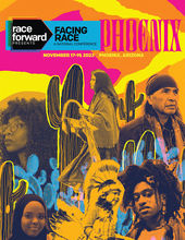 Facing Race 2022: Phoenix Program cover with various faces amounts cactuses with yellow, orange, and pink sky.