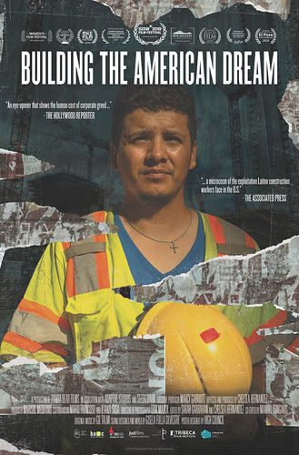 Poster with a construction worker holding helmet surrounded by torn paper collage of a construction site.